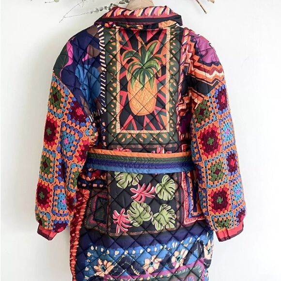 Farm Rio Patchwork Tapestry Crochet Puffer Coat Jacket Small NWOT MSRP $395 - Picture 4 of 10